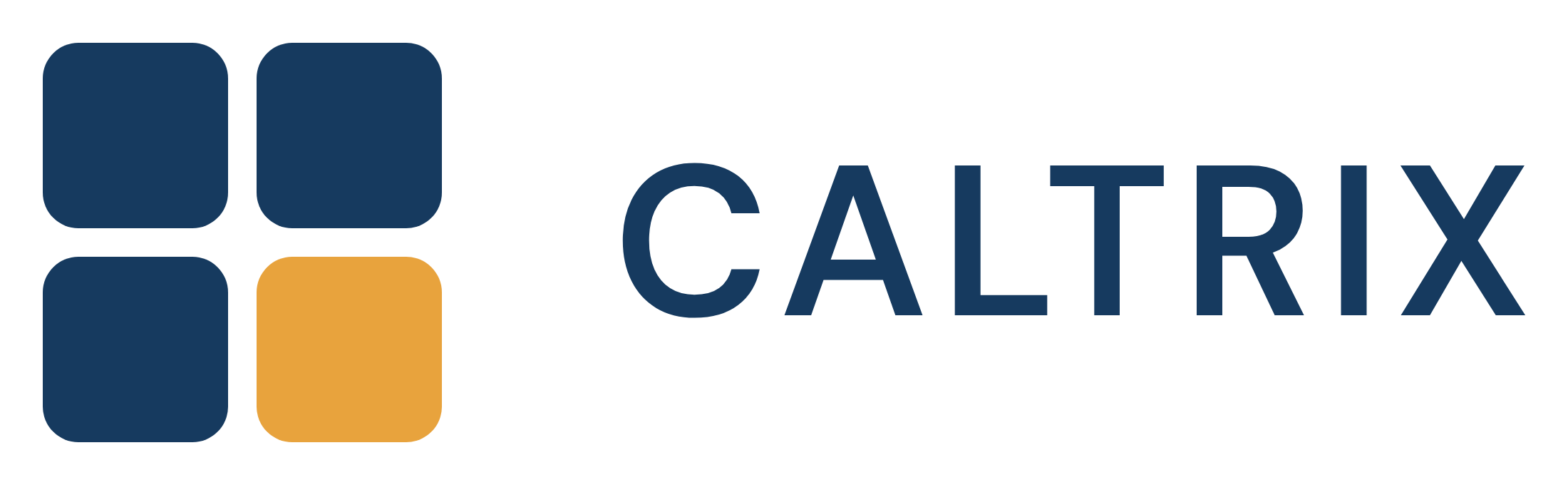 Logo von Caltrix: vier abgerundete Quadrate, drei in Tiefblau und eines in Amber, daneben der Schriftzug CALTRIX