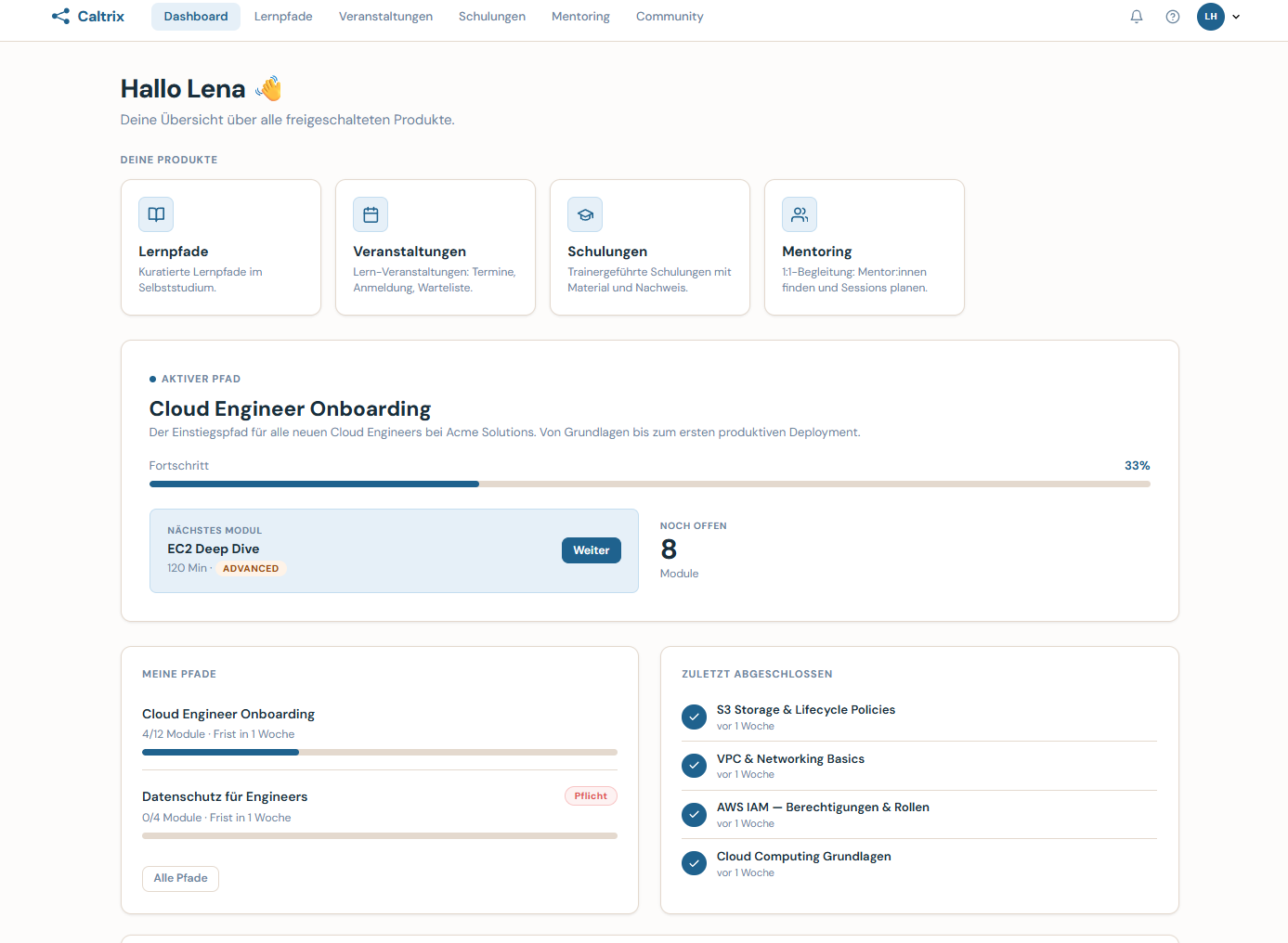 Caltrix Wissensplattform Screenshot – Suite-Übersicht mit Learning, Events, Training und Mentoring für Unternehmen