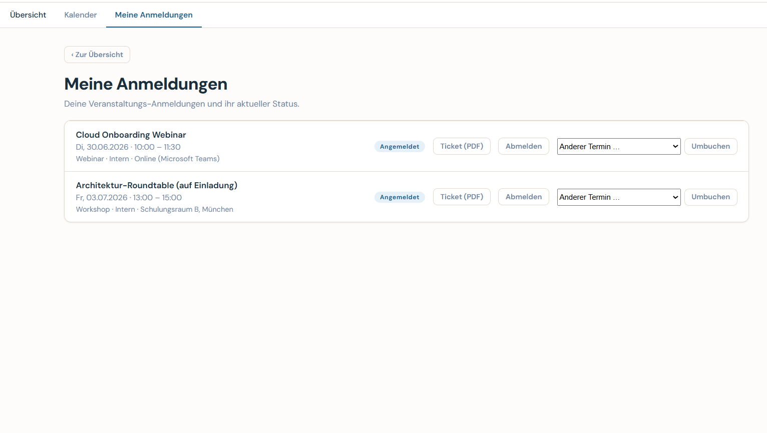Caltrix Events Screenshot – Lernveranstaltungen mit Kalender, Anmeldung, Warteliste und Check-in für Webinare und Workshops