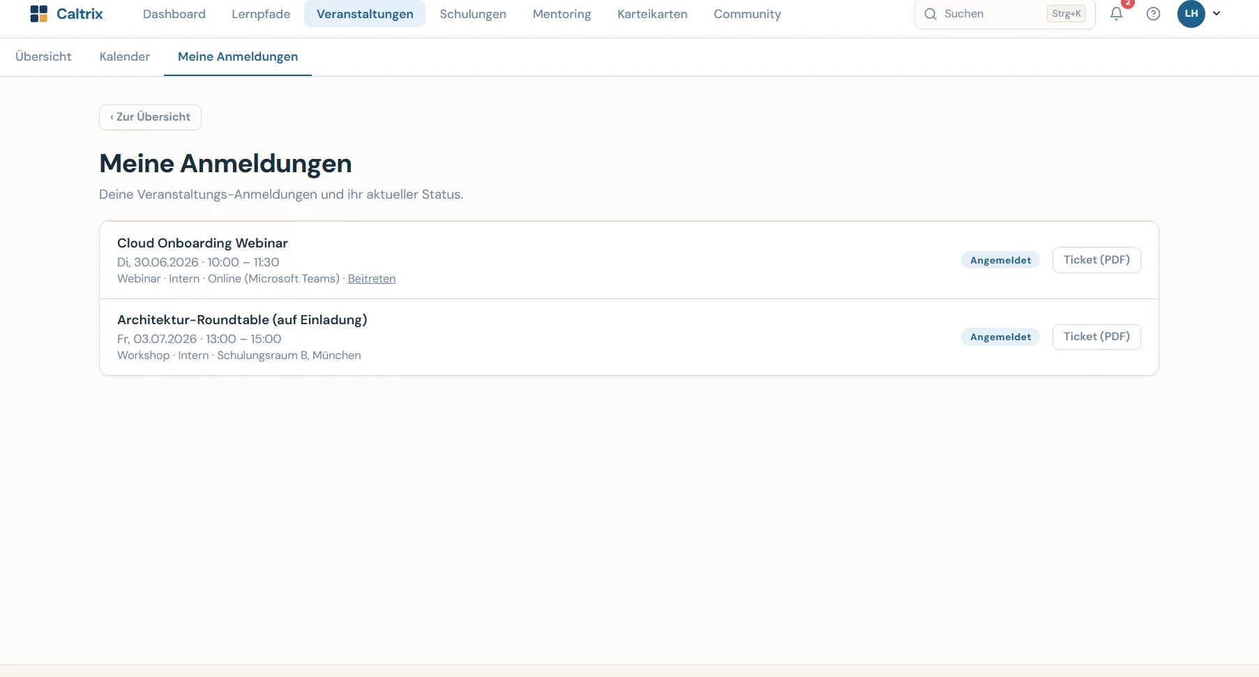 Caltrix Events Screenshot – Lernveranstaltungen mit Kalender, Anmeldung, Warteliste und Check-in für Webinare und Workshops