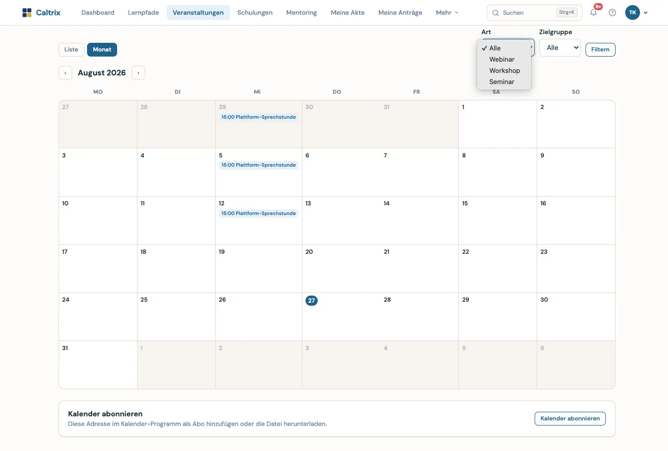 Caltrix Events Screenshot – Monatsansicht der Veranstaltungen mit Filter nach Art und Zielgruppe und Kalender-Abo