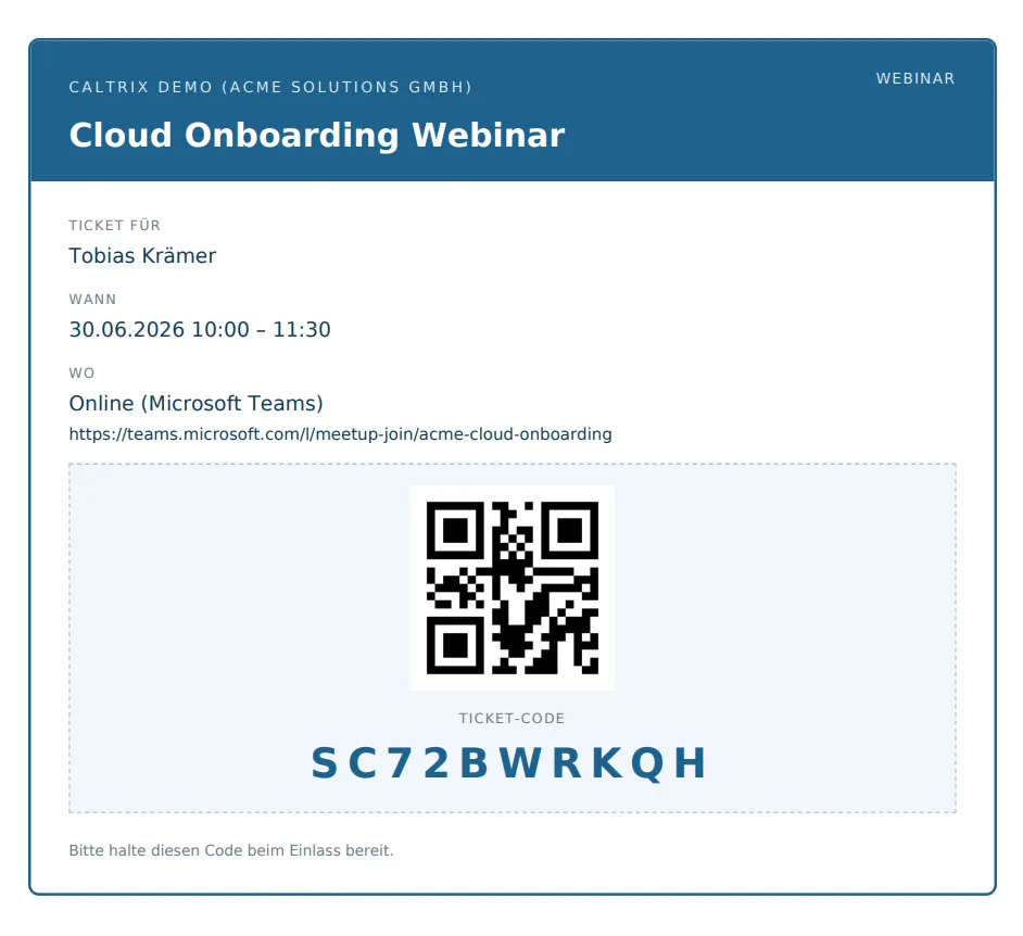 Caltrix Events Screenshot – Veranstaltungsticket mit QR-Code und Ticket-Code für den Einlass