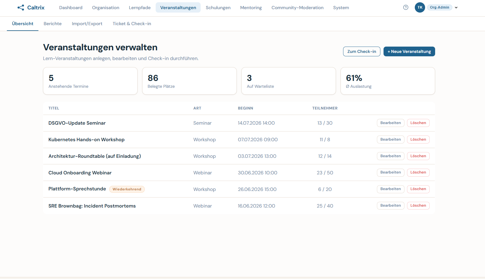 Caltrix Events Detail-Screenshot – Veranstaltungskalender mit Terminübersicht, Teilnehmerstatus und Warteliste