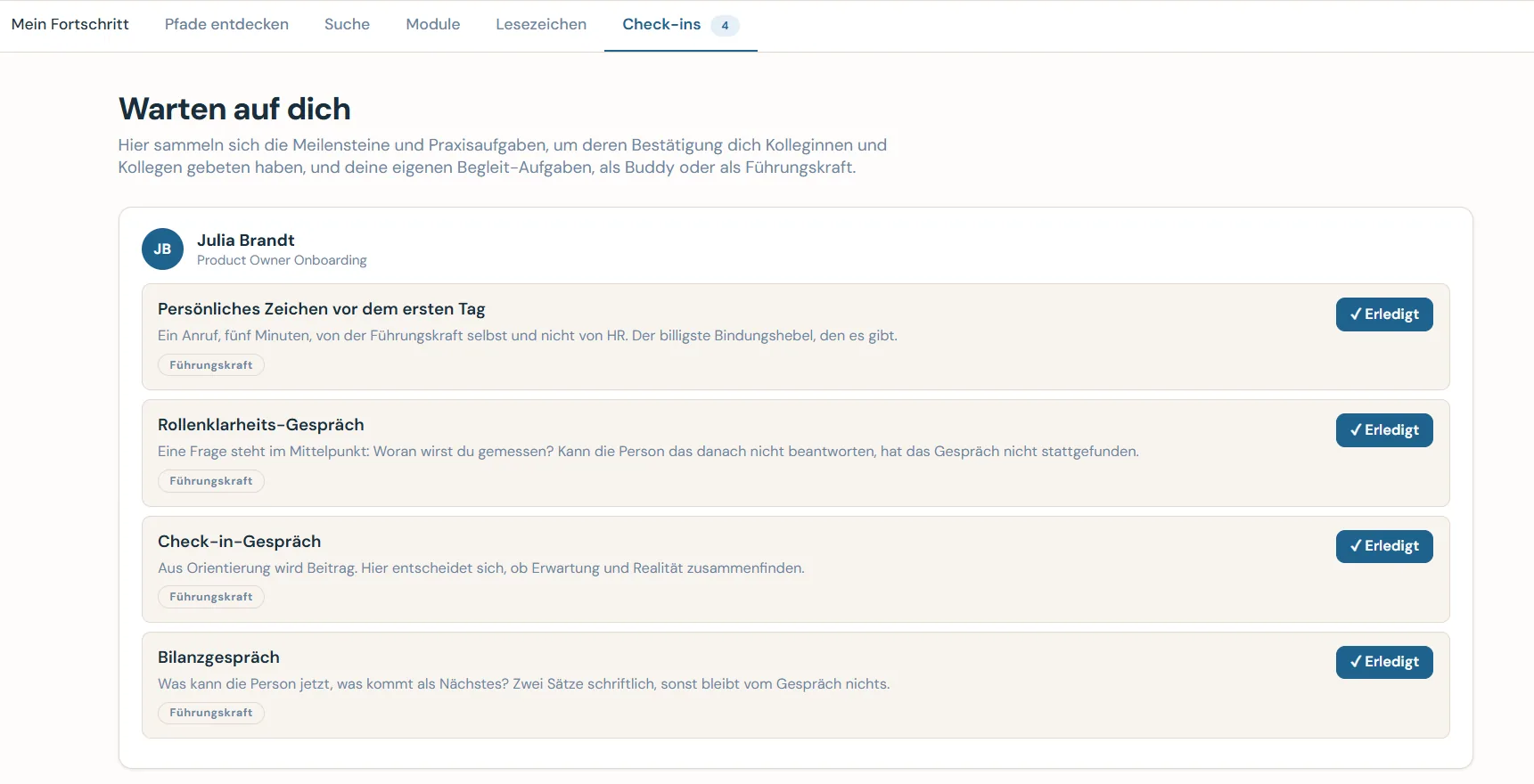 Caltrix Learning Screenshot – offene Begleitaufgaben der Führungskraft vom persönlichen Zeichen vor Tag 1 bis zum Bilanzgespräch