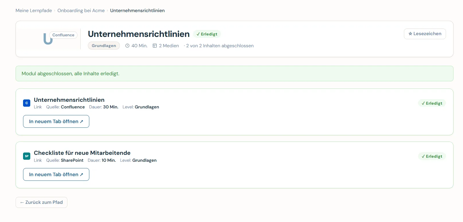 Caltrix Learning Screenshot – Modul mit Inhalten aus Confluence und SharePoint, je mit Dauer, Niveau und Fortschritt
