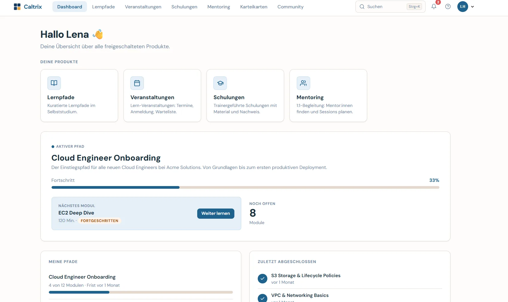 Caltrix Campus Screenshot: ein Dashboard mit Lernpfaden, Veranstaltungen, Schulungen und Mentoring nebeneinander