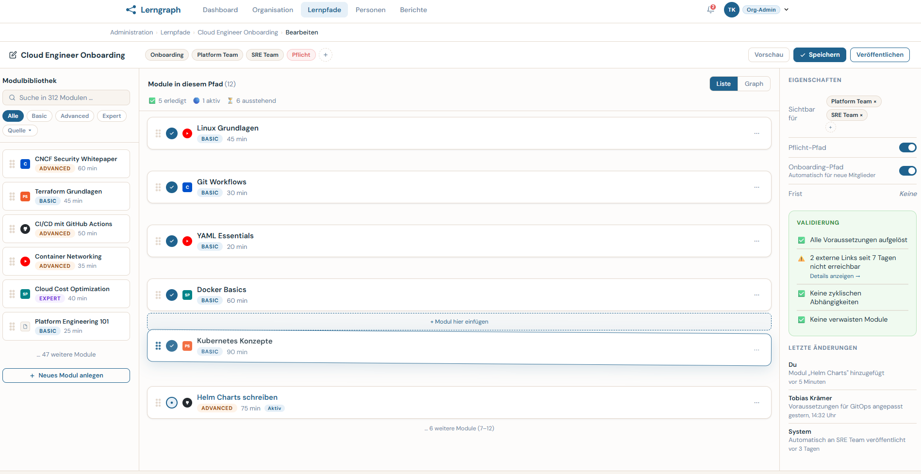 Caltrix Lernpfad-Editor mit Drag-and-Drop-Modulkomposition und Live-Validierung