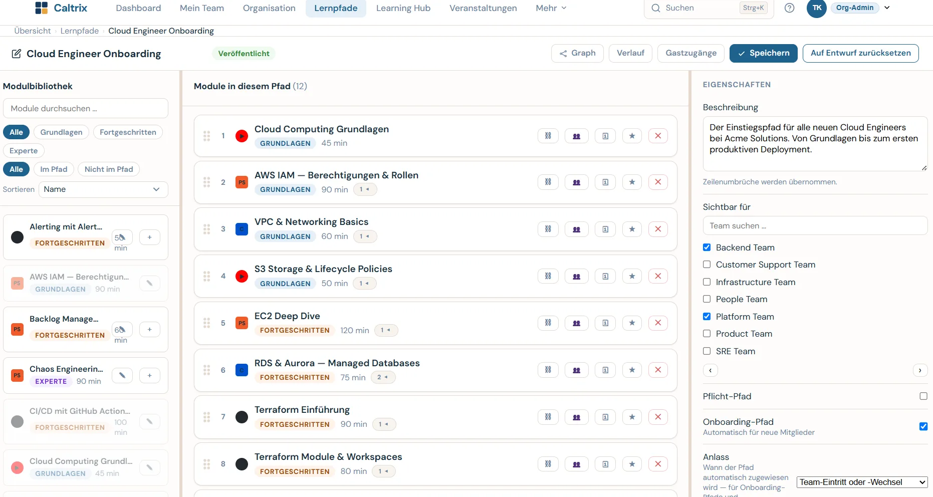 Caltrix Learning Detail-Screenshot – Lernpfad-Editor mit Modulstruktur, Abhängigkeiten und Kompetenzstufen