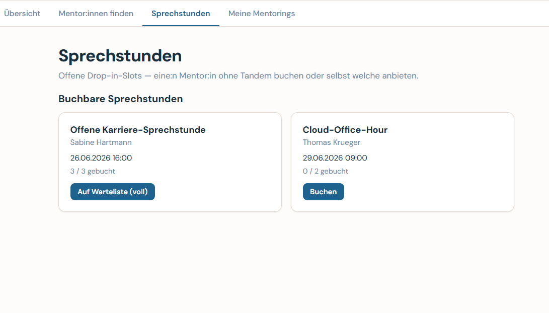 Caltrix Mentoring Screenshot – Mentor:innen-Verzeichnis, Tandems, Sessions und Office Hours für Wissenstransfer im Unternehmen