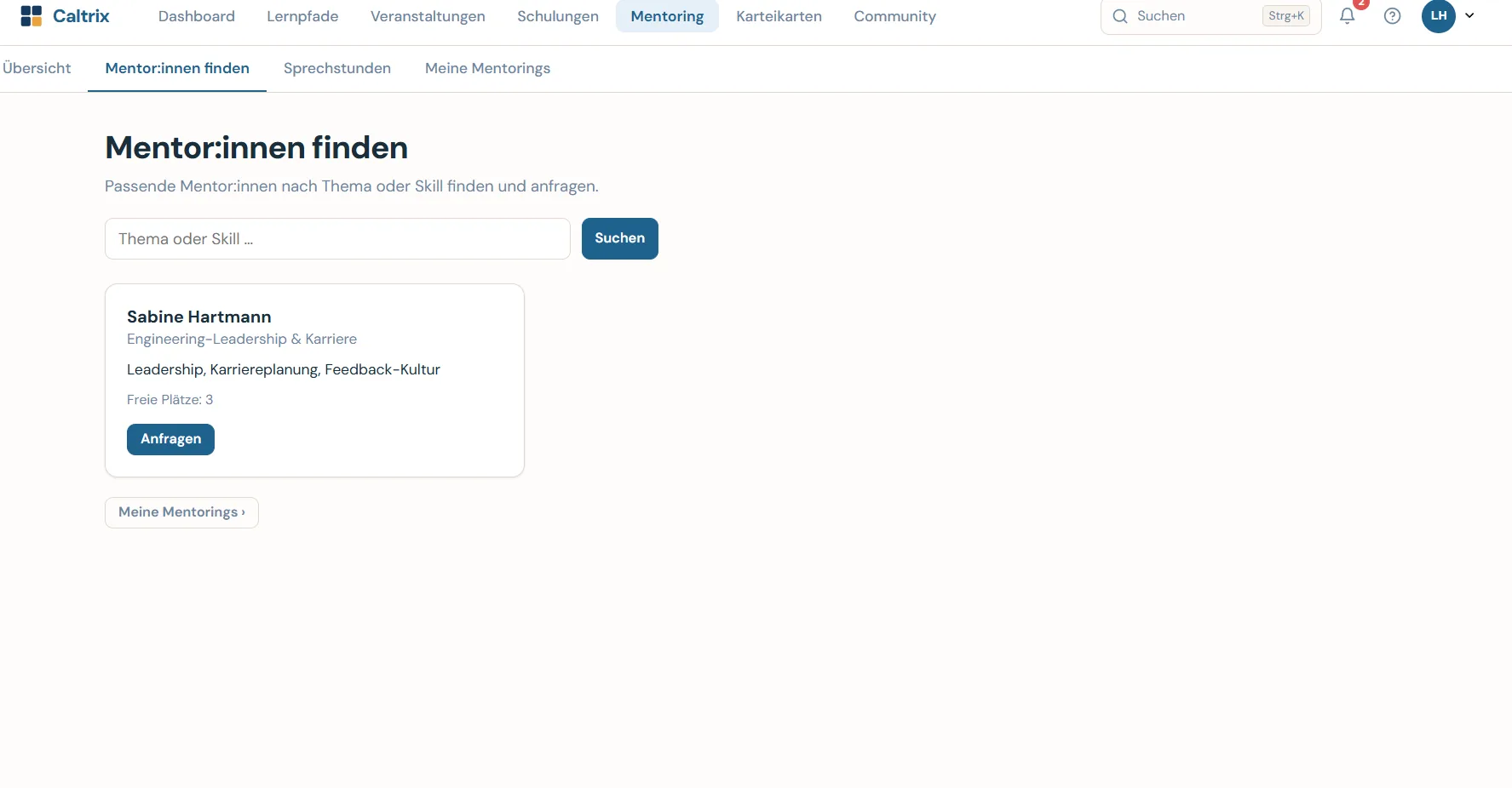 Caltrix Mentoring Screenshot – Mentor:innen-Verzeichnis, Tandems, Sessions und Office Hours für Wissenstransfer im Unternehmen