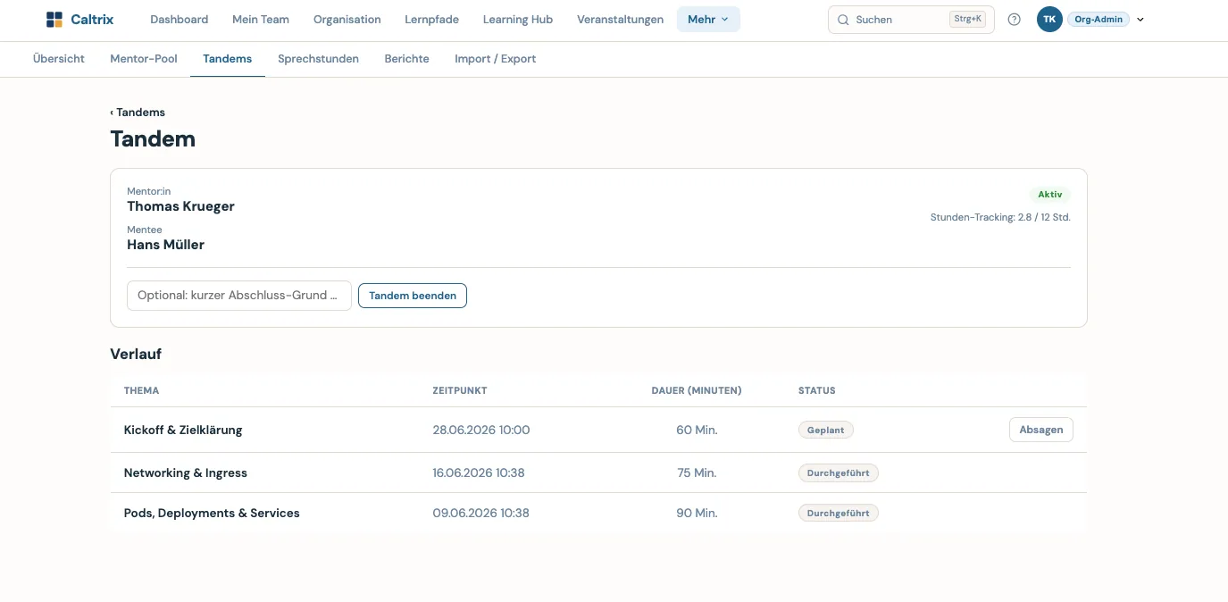 Caltrix Mentoring Screenshot – laufendes Tandem mit Sessionverlauf, Zuständen der Termine und verbrauchtem Stundenbudget