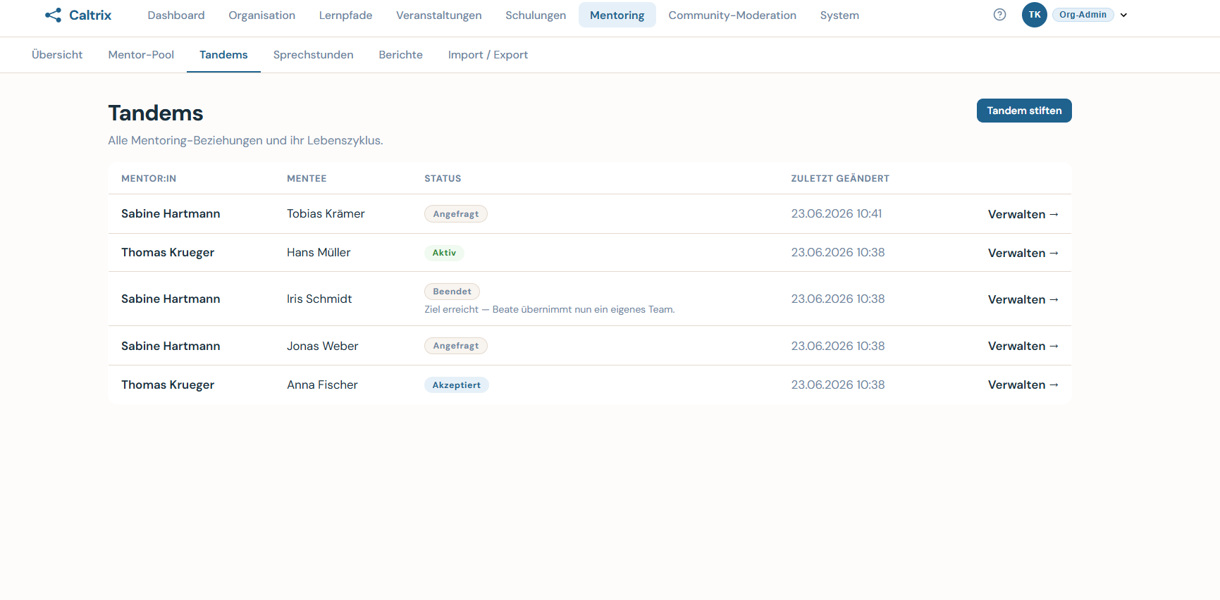 Caltrix Mentoring Detail-Screenshot – Mentor:innen-Pool, Tandem-Ansicht, Sessions und Office Hours für internes Expertenwissen