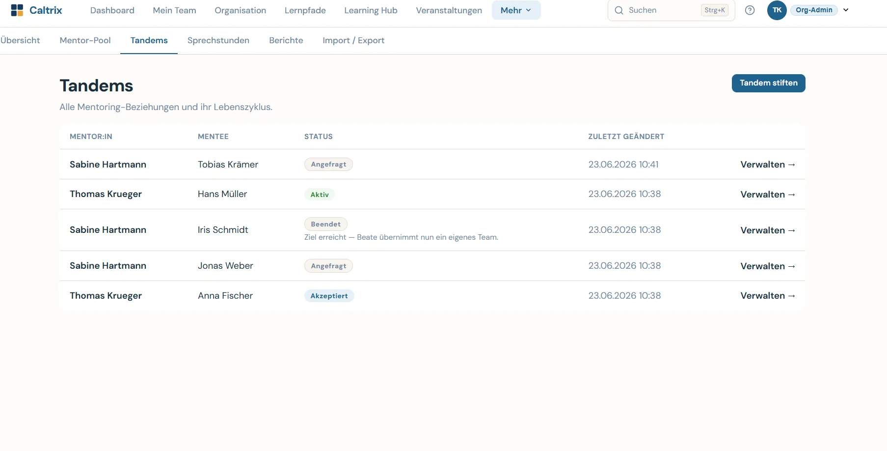 Caltrix Mentoring Detail-Screenshot – Mentor:innen-Pool, Tandem-Ansicht, Sessions und Office Hours für internes Expertenwissen