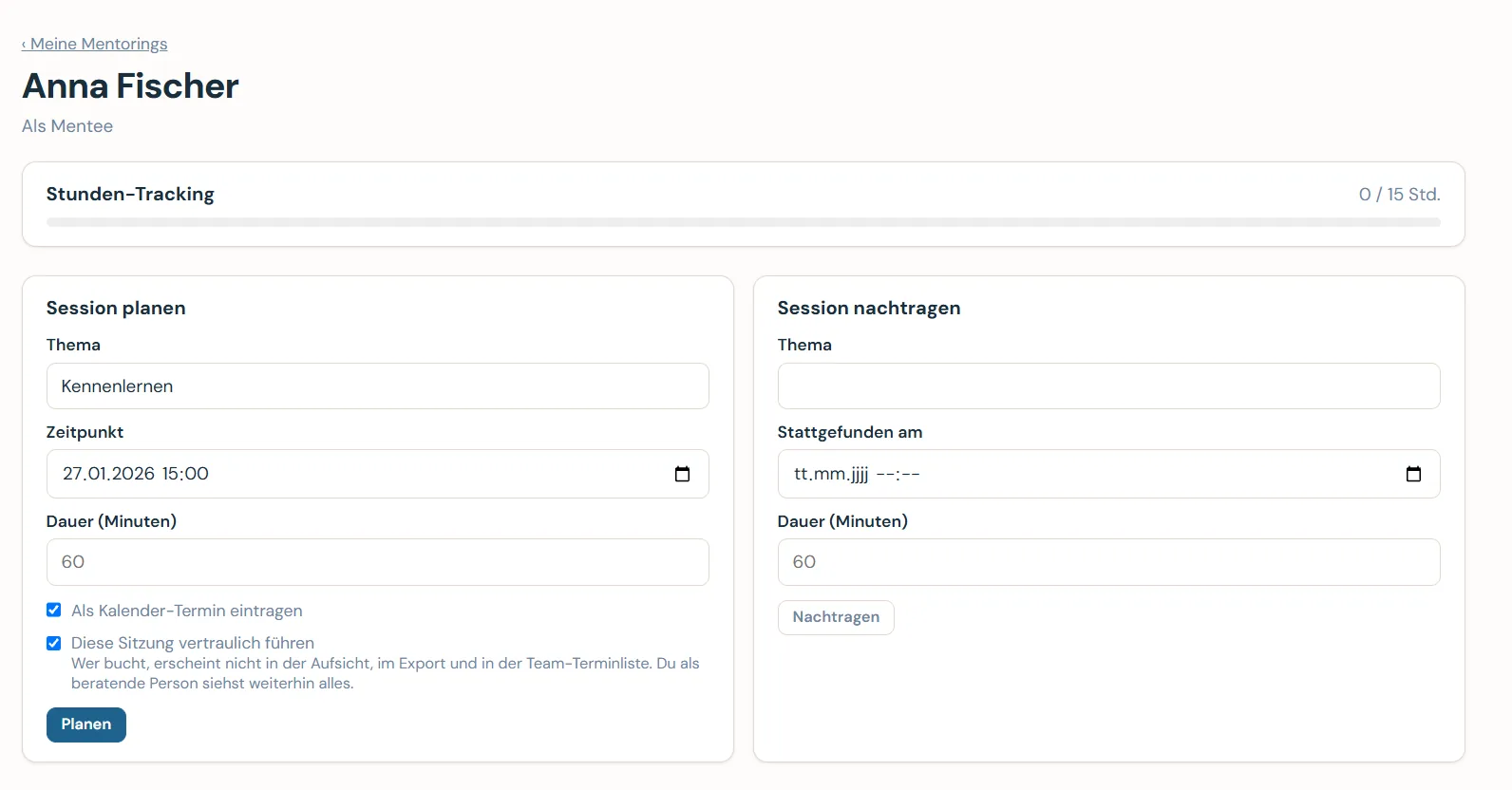 Caltrix Mentoring Screenshot – Sitzung planen mit der Wahl, sie vertraulich zu führen, damit sie nicht in Aufsicht, Export und Team-Terminliste erscheint