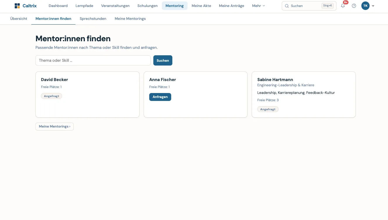 Caltrix Mentoring Screenshot – Mentor:innen-Verzeichnis mit Suche nach Thema oder Skill, freien Plätzen und dem Stand der eigenen Anfragen