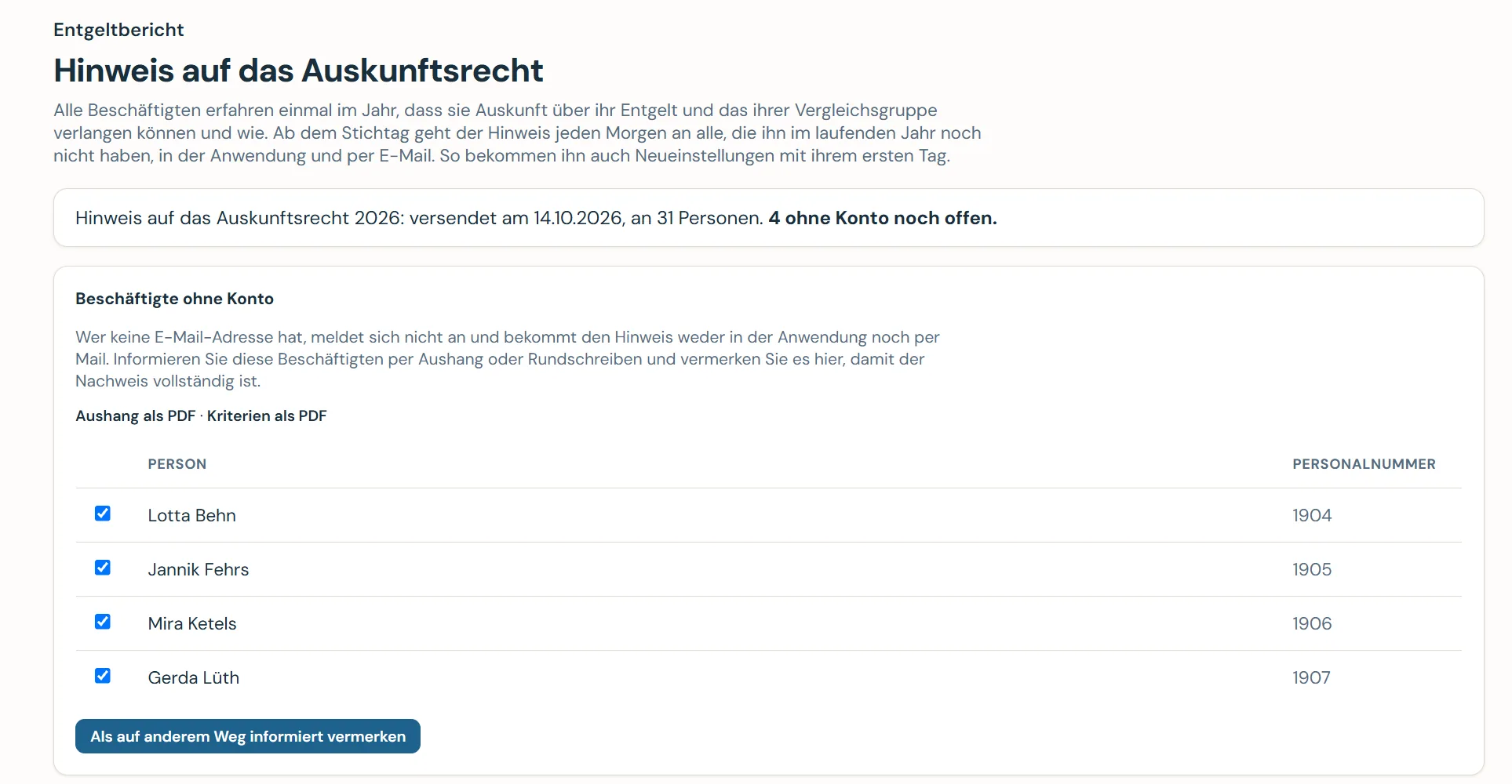 Caltrix Pay Screenshot: Hinweis auf das Auskunftsrecht mit dem Stand des Versands und einer Liste der Beschäftigten ohne Konto, die auf anderem Weg informiert und hier vermerkt werden