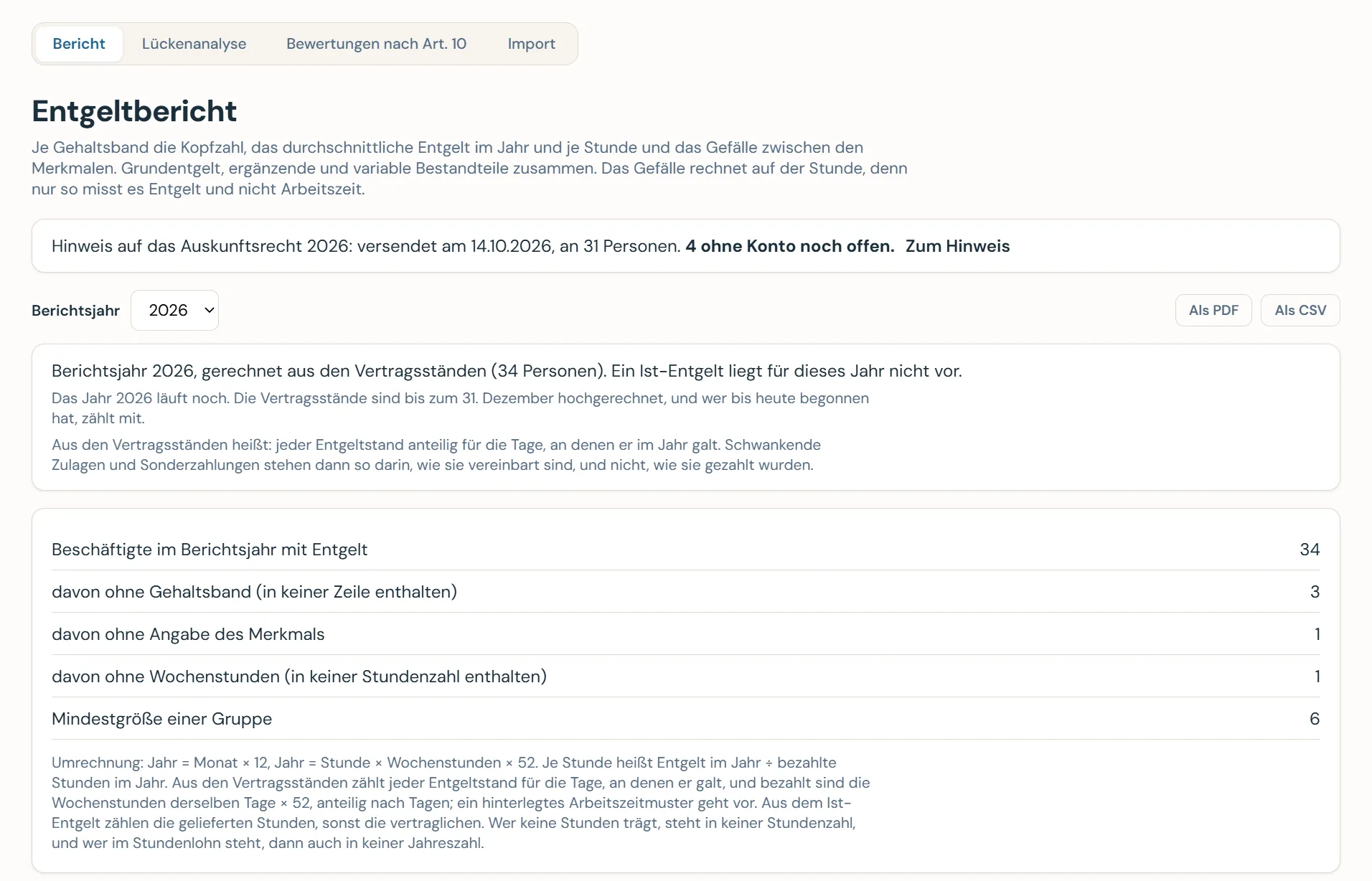 Caltrix Pay Screenshot: Entgeltbericht für das Berichtsjahr mit dem Stand des Hinweises auf das Auskunftsrecht, Export als PDF und CSV und der Zahl der Beschäftigten ohne Gehaltsband, ohne Merkmal oder ohne Wochenstunden