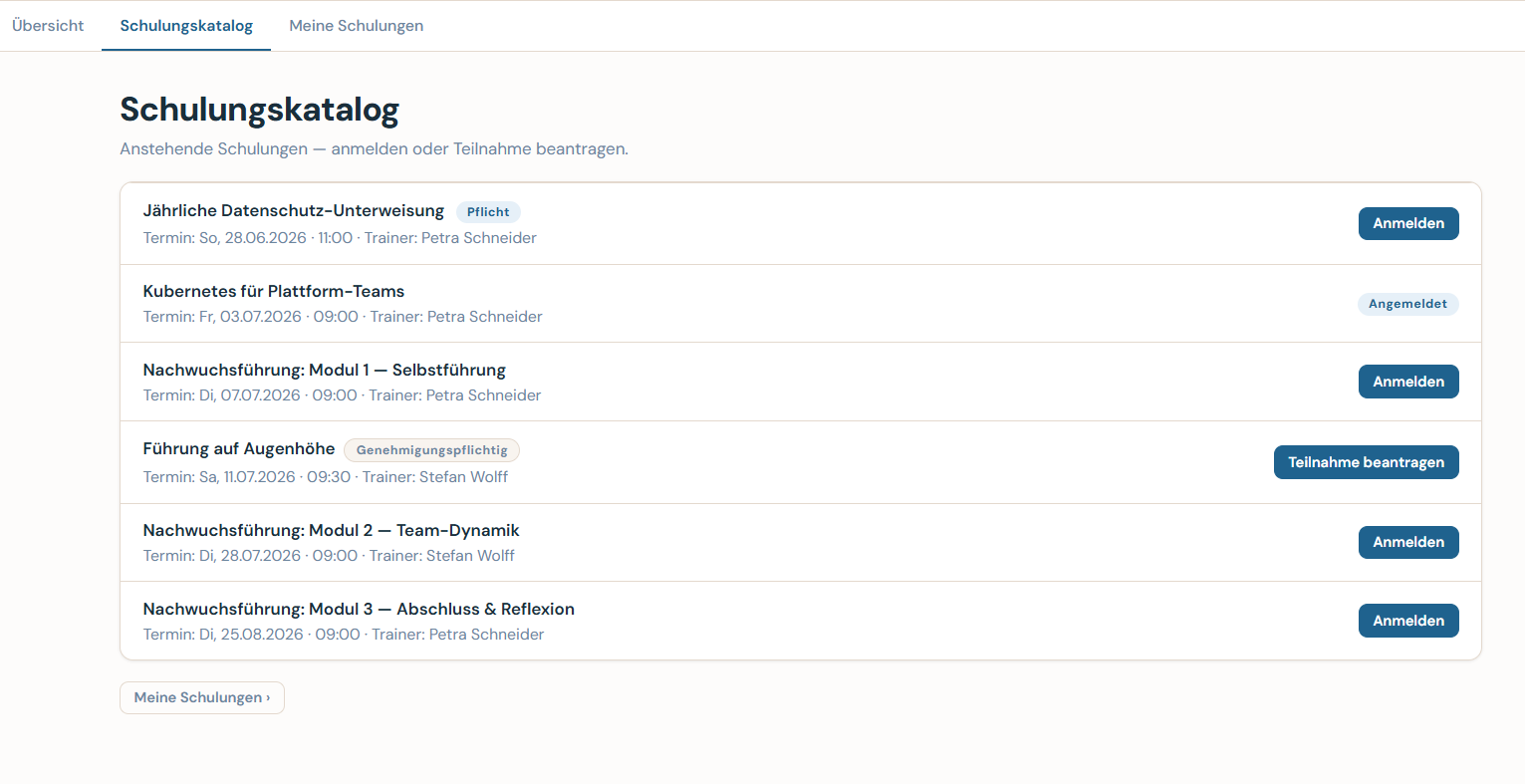 Caltrix Training Screenshot – Schulungsmanagement mit Trainern, Materialien, Zertifikaten und Pflicht-Trainings für Unternehmen