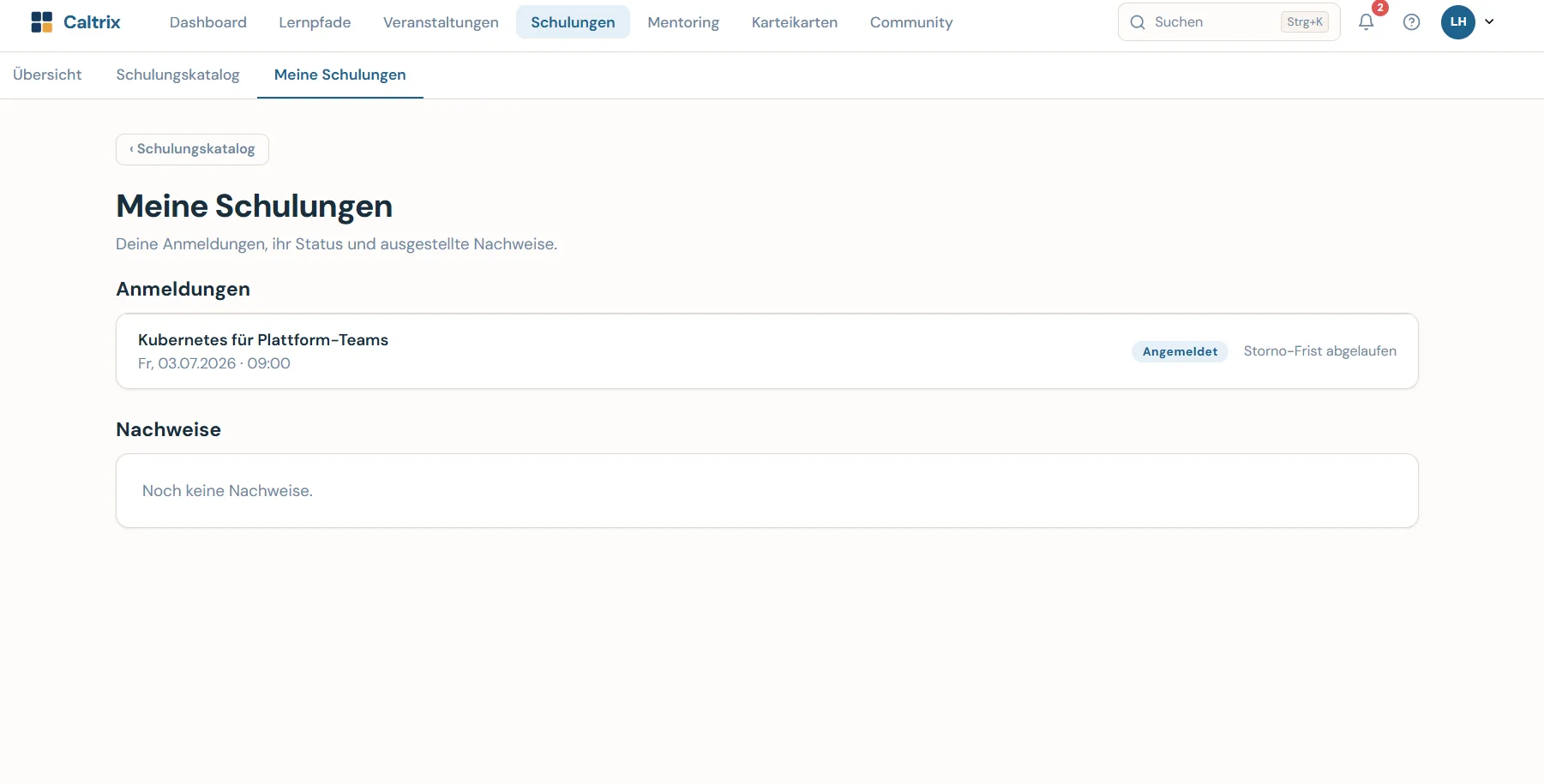 Caltrix Training Screenshot – Schulungsmanagement mit Trainern, Materialien, Zertifikaten und Trainings für Unternehmen