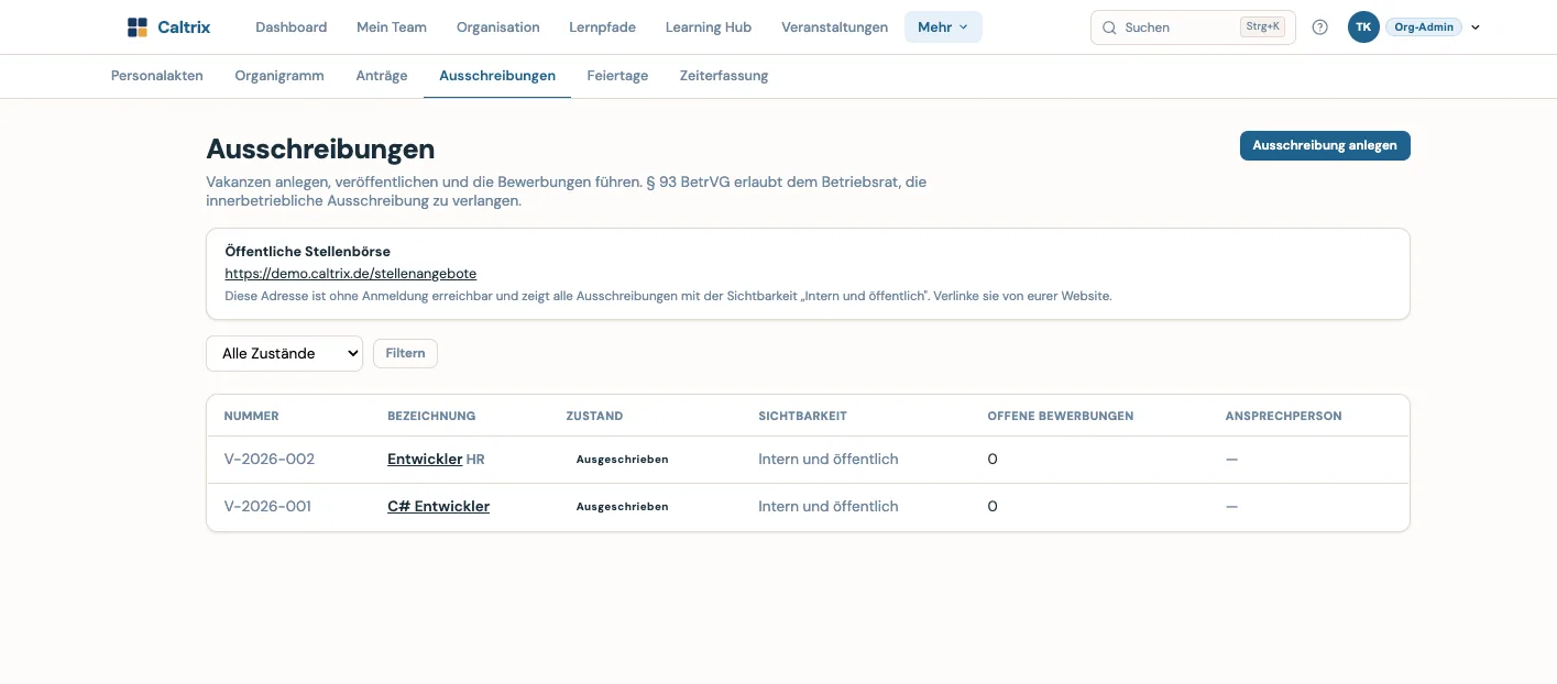 Caltrix Hire Screenshot – Ausschreibungen mit Zustand, Sichtbarkeit, offenen Bewerbungen und der öffentlichen Stellenbörse