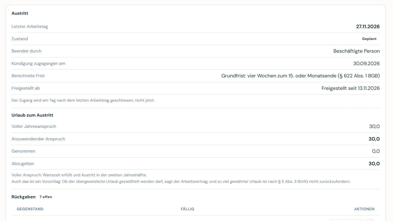 Caltrix Staff Screenshot – Austritt mit letztem Arbeitstag, Zugangsdatum der Kündigung, berechneter Frist nach § 622 BGB, Freistellung und offenen Rückgaben