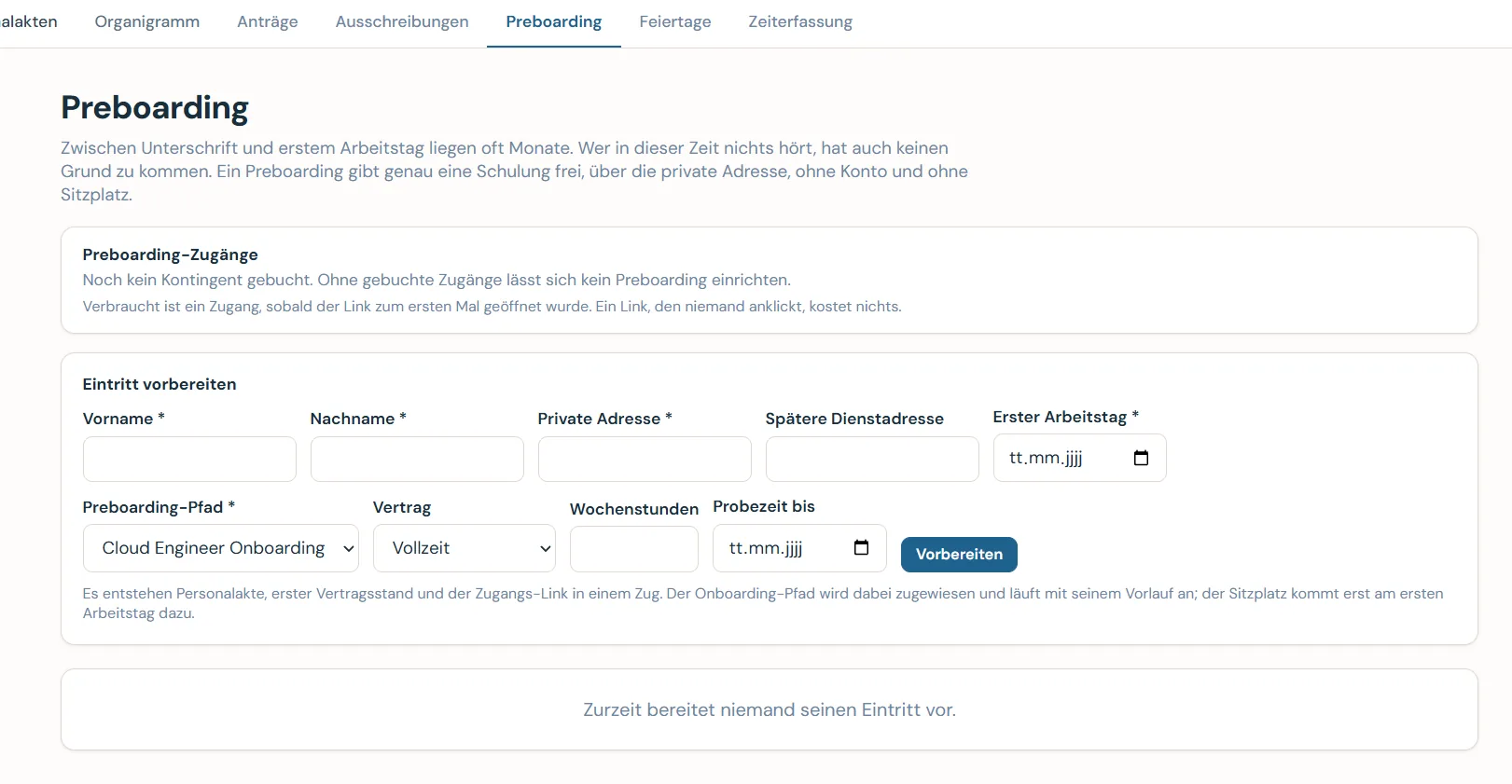 Caltrix Staff Screenshot – Eintritt vorbereiten, wobei Personalakte, erster Vertragsstand, Zugangs-Link und Onboarding-Pfad in einem Zug entstehen