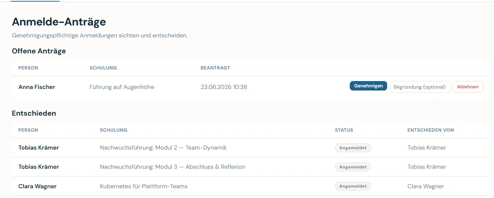Caltrix Training Screenshot – genehmigungspflichtige Anmeldungen mit offenem Antrag, Genehmigen und Ablehnen samt Begründung