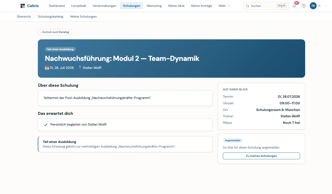 Caltrix Training Screenshot – Schulung mit Termin, Raum, Trainer, freien Plätzen und der Zuordnung zu einer mehrteiligen Ausbildung