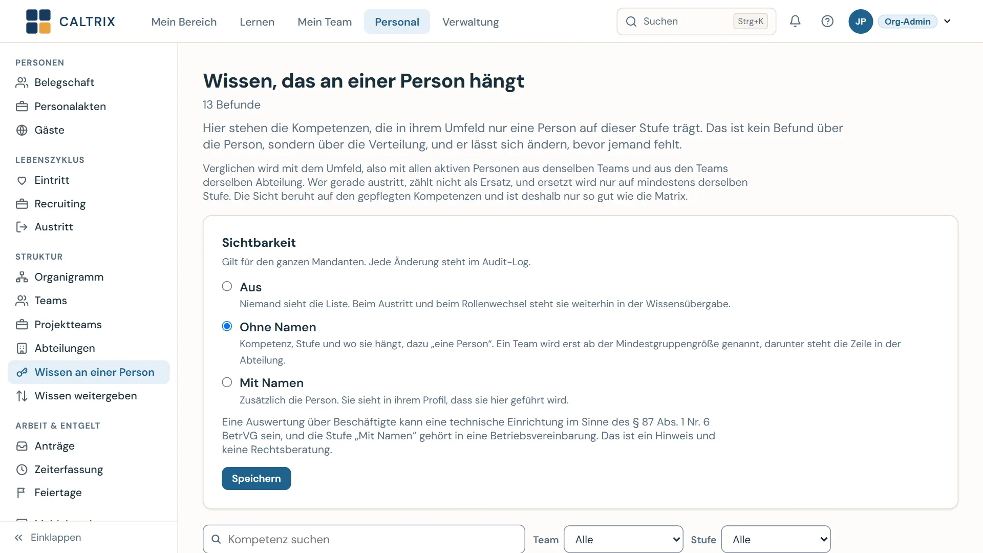 Caltrix Screenshot: die Liste „Wissen, das an einer Person hängt“ mit der Sichtbarkeit „Ohne Namen“