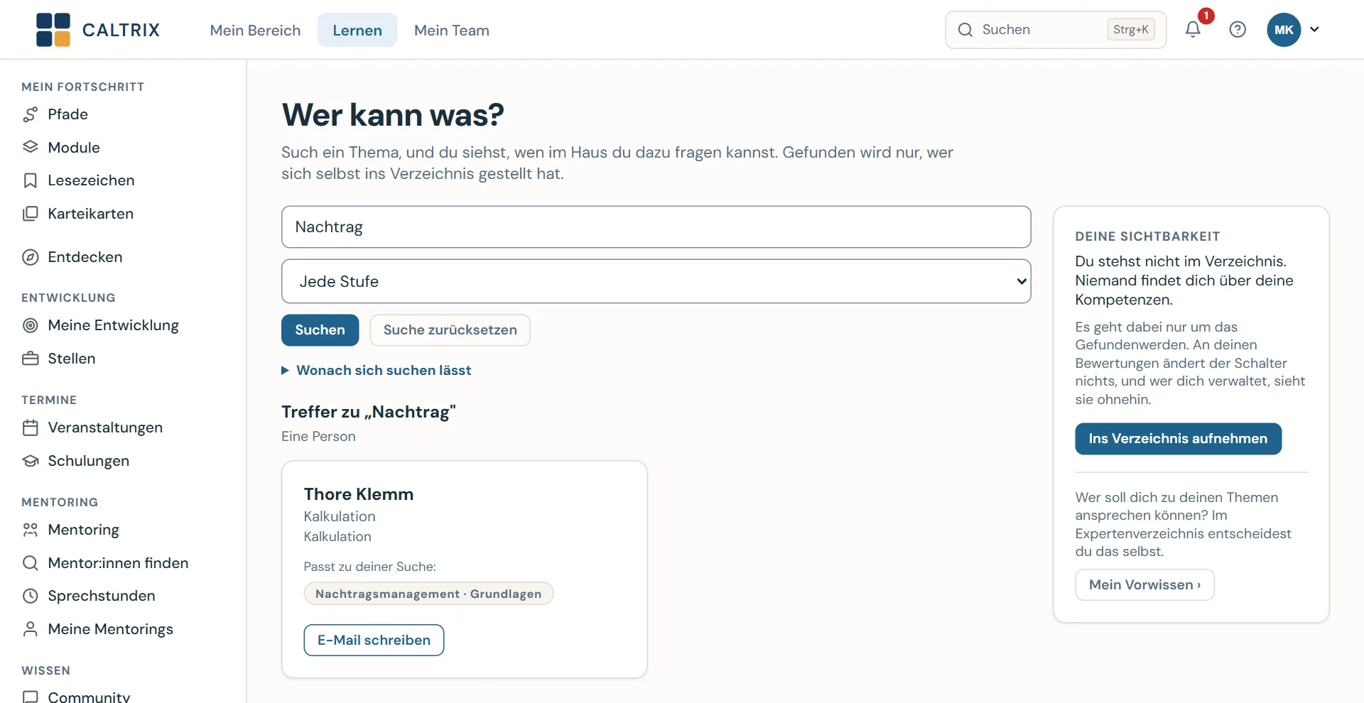 Caltrix Screenshot: die Suche „Wer kann was?“ mit dem Treffer zu Nachtragsmanagement, einer Person aus der Kalkulation und dem Knopf „E-Mail schreiben“